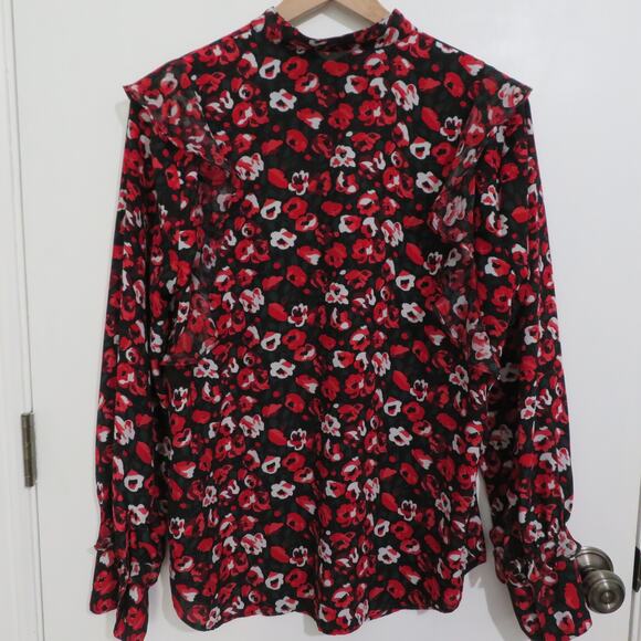 Lauren Ralph Lauren Women Sz L Red Black Floral Ruffle Long Sleeve Button Down - Picture 2 of 9